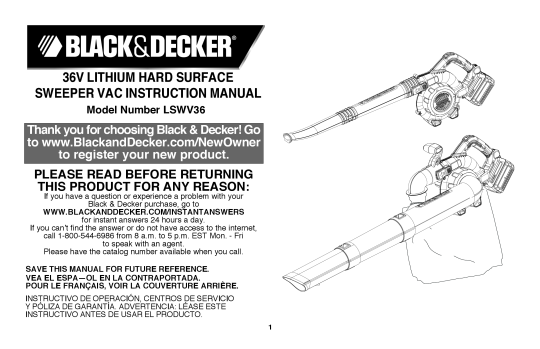 Black & Decker LSWV36R manual Model Number LSWV36, 36V LITHIUM Hard Surface, sweeper Vac INSTRUCTION MANUAL 